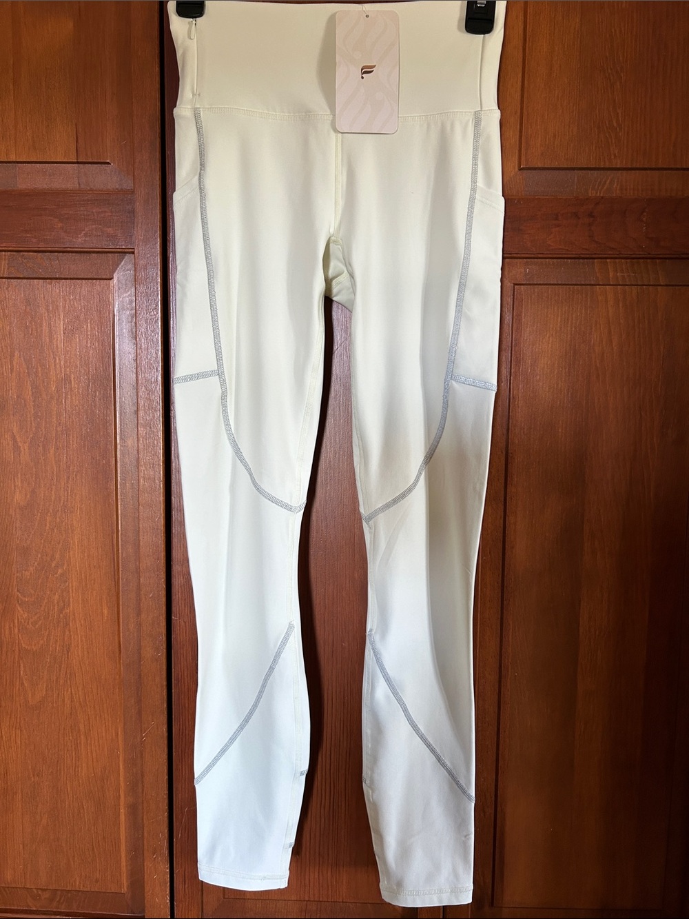 Fabletics Cream High-Rise Leggings with Contrast Stitching
